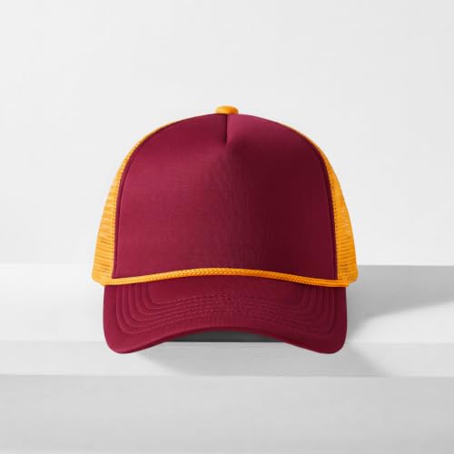 CHOK.LIDS Blank Foam Trucker Hat, Retro Mesh Rope Snapback Cap, Men Women - color: Curved Brim (Burgundy/Gold)