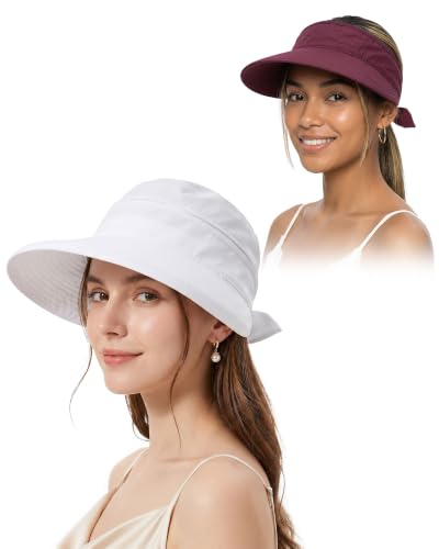CHUNG 2 Pack Women Sun Visor Hat Wide Brim Summer UV Protection Zip-Off - color: White/Burgendy
