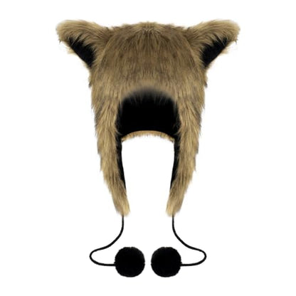 PURFUN Fuzzy Faux Fur Full Hood Trapper Hats with Animal Ear, Adults Halloween Cosplay Roleplay Cat Wolf Ear Hooded Hats - color: Light Brown