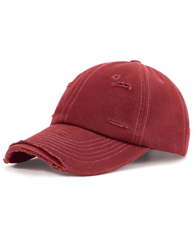 Distressed Washed Cotton Baseball Cap Adjustable Dad Hat for Men Women - color: Red