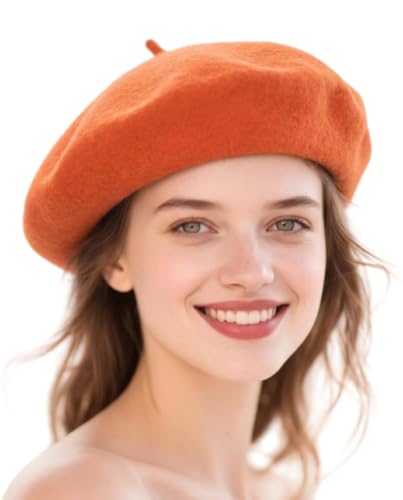 Wool French Beret Hats for Women Classic Winter Beanie Cap - color: Orange