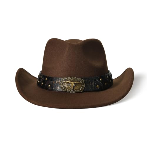 Classic Western Cowboy Hat Cowgirl Hat Unisex Men's & Women's Wide Brim Felt Fedora Hat Flat Top with Buckle Belt - color: Brown 1#, size: 7-7 1/4