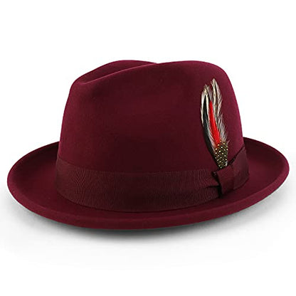 Armycrew Classic 100% Wool Felt Fedora with Feather Fits Upto 2XL - color: Merlot, size: X-Large