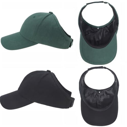 2 Pack Backless Cap for Women Natural Curly Hair Hat Baseball Cap Afro Puff Ponytail Hat - color: Black＆green