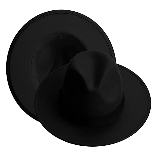 KUJUHA Fedora Hats for Mens/Womens Felt FedoraHats Two Tone Wide Brim Fedora Hats Rancher Hat - color: Black, size: Large-X-Large
