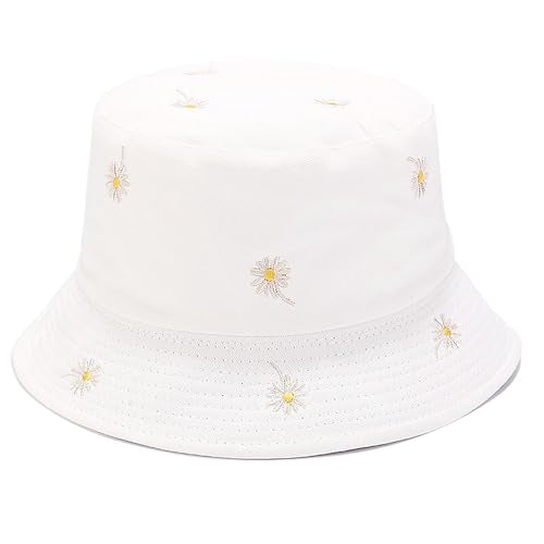 Womens Embroidered Daisy Bucket Hat Reversible Packable Beach Sun Hat - color: Daisy White/Plain White