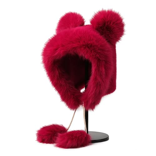 Winter Faux Fur Hat with Ears Flaps Fluffy Bear Beanie Cap Animal Lovers Gift - color: Wine Red