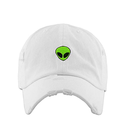 Green Alien Vintage Baseball Cap Embroidered Cotton Adjustable Distressed Dad Hat - color: White