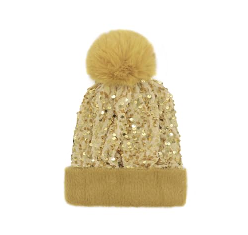 Women Sparkly Sequins Knitted Beanie Hat Warm Winter Skull Cap with Faux Fur Pom Pom - color: Light Gold