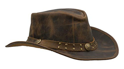 Walker and Hawkes Unisex Leather Cowhide Outback Two-Tone Brisbane Hat - Stylish Sun Protection, Breathable, Travel-Ready - color: Autumn Brown, size: Small