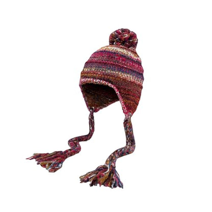 yolrdiw Women's Boho Crochet Colorful Hat Tassel Braid Winter Knit Beanie with Ear Flaps Pom Pom - color: Red