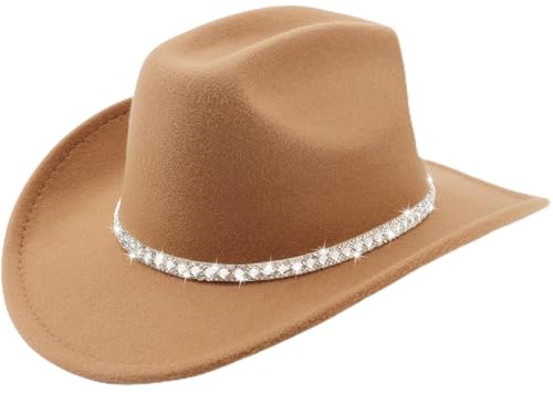 DRESHOW Western Cowboy Hat for Women and Men Wide Brim Glitter Cowboy Cowgirl Hat with Rhinestone Felt Fedora Hats - color: 1 Pack Style 10: Camel