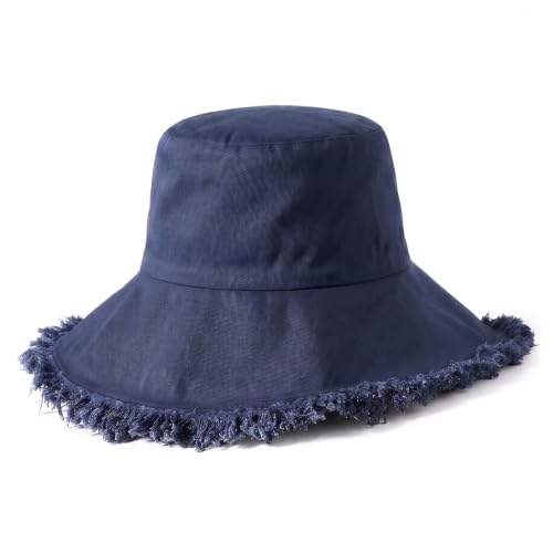 CHOK.LIDS Frayed Bucket Hat Washed Cotton Floppy Wide Brim Boonie Cap - color: Navy