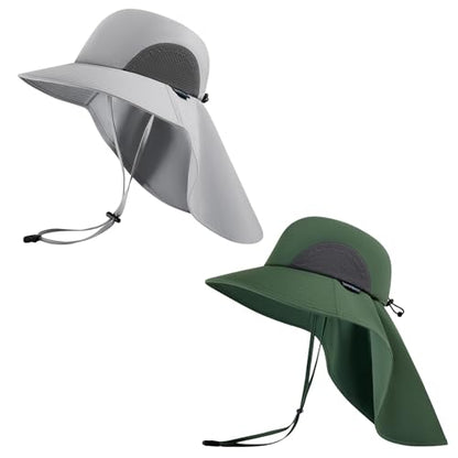 UPF 50+ Foldable Sun Hats Wide Brim with Large Neck Flap for Men Women UV Protection Gardening Fishing Beach Hat - color: Pack of 2, Light Grey & Green