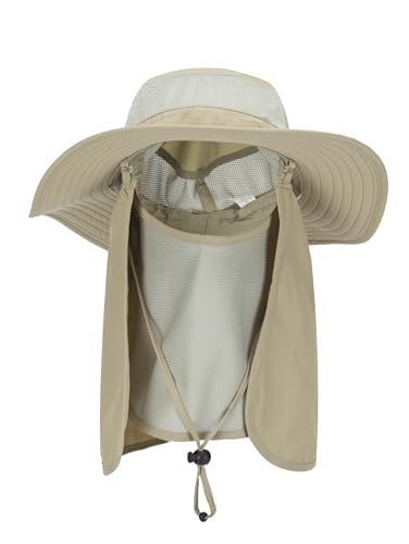 Fishing Hat, UPF 50+ Sun Cap with Detachable Mask - color: Khaki