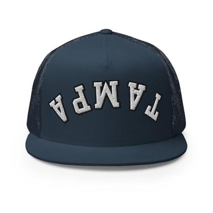 NX Upside Down Tampa Embroidered Flat Bill Trucker Hat High Crown Snapback Cap - color: Navy