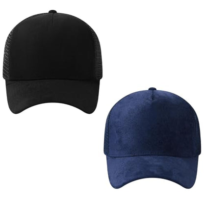 Suede Curved Brim Trucker Cap Adjustable Snapback Hat Mesh Back Breathable for Men Women 2 Pack SH03 - color: Pack of 2, Black & Dark Blue