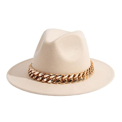 Men & Women Wide Brim Fedora Hat with Chain Buckle - color: Chain Belt-beige