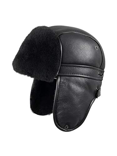 Unisex Shearling Sheepskin Aviator Russian Ushanka with Snap Hat Medium Solid Black