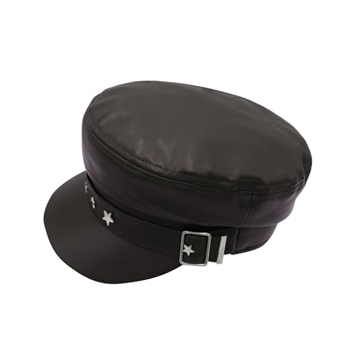 BOLLEY JOSS Womens Fashion Newsboy Cap Faux Leather Bakerboy Hat Stars Buckle Beret Paperboy Fiddler Captain Sailor Hats - color: Brown