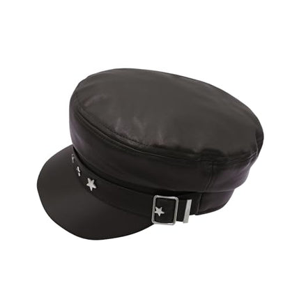 BOLLEY JOSS Womens Fashion Newsboy Cap Faux Leather Bakerboy Hat Stars Buckle Beret Paperboy Fiddler Captain Sailor Hats - color: Brown