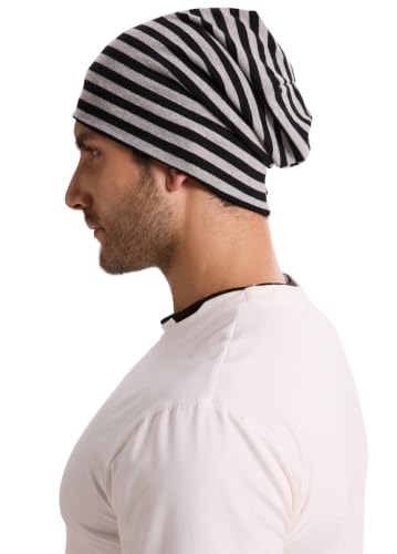 ZLYC Cotton Thin Slouchy Beanie Hat for Men Women Stretch Skull Cap - color: Striped Black and Gray, size: One Size