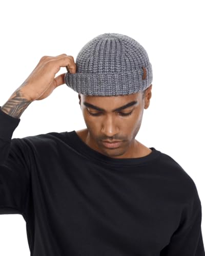 Chunky Wool Fisherman Short Beanie Hats Skull Cap for Men, Mens Thick Skater Streetwear Fishermans Beanie Daily Hat - color: Gray