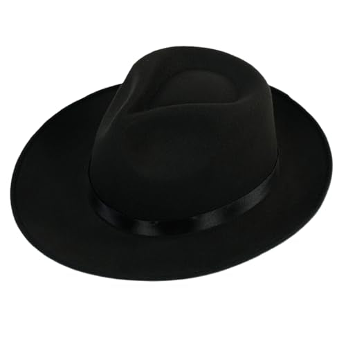 VASANA Black Wide Brim Fedora Hat with Satin Ribbon Band Felt Panama Cap Rancher Hat for Women Men - color: Black