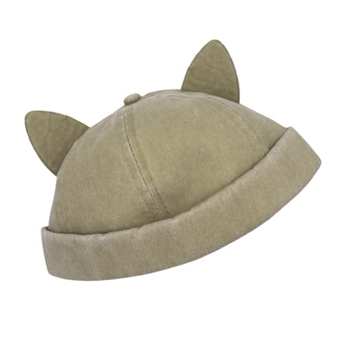 Cute Cat Ear Beanie Hats for Women Men Washed Cotton Brimless Docker Cap Retro Rolled Cuff Skull Cap - color: Khaki