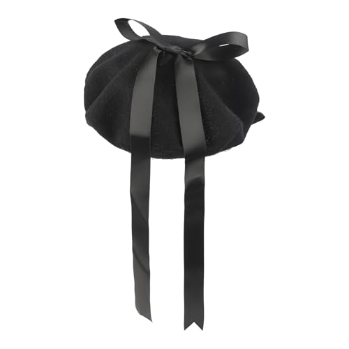 JIAHG Women Girls Sweet Lolita Beret Hat with Detachable Bowknot Painter Hat Woolen French Style Artist Beret Winter Cap - color: Black Beret With Black Bow