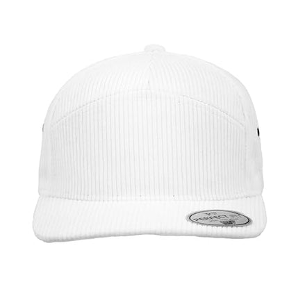 7 Panel Corduroy Cap – Structured Cotton Snapback Flat Bill Adjustable Unisex Streetwear Hat - color: White