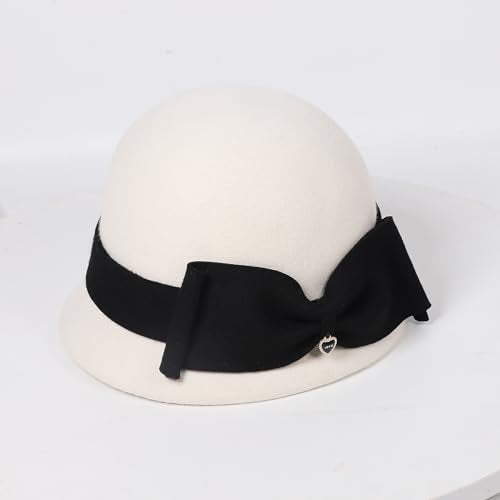 Women Solid Color 100% Wool Winter Hat Women Cloche Bucket Bowler with Bowknot - color: White With Black Bow
