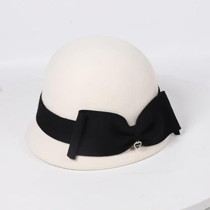 Women Solid Color 100% Wool Winter Hat Women Cloche Bucket Bowler with Bowknot - color: White With Black Bow