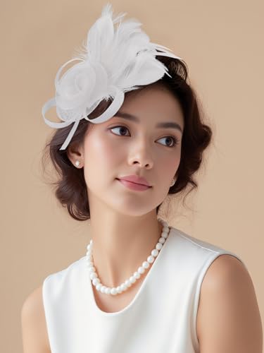 Fascinators Hats for Girls and Women Feather Tea Party Hats Weddinh Mesh Hat with Headband and Clip - color: White