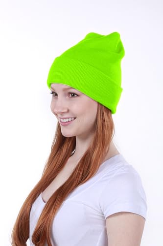 KBETHOS Made in USA Classic Men's Women's Cuffed Folded Acrylic Knit Beanie Hat Solid Unisex Cold - color: 2. Neon Lime Solid Long Beanie