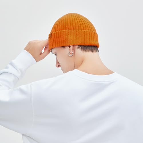 100% Merino Wool Fisherman Beanie Hat, Unisex Warm Winter Hats, Soft Breathable Knitted Short Cuffed Cap - color: Orange