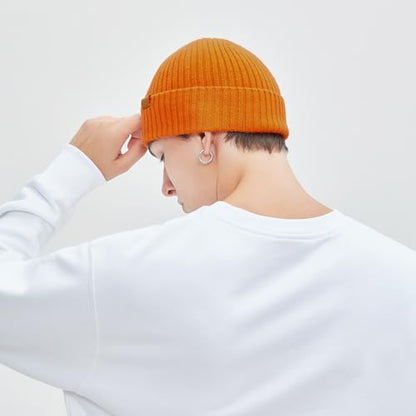 100% Merino Wool Fisherman Beanie Hat, Unisex Warm Winter Hats, Soft Breathable Knitted Short Cuffed Cap - color: Orange