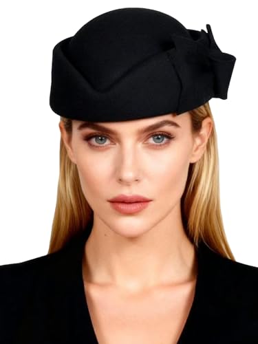 HIMESPORT Wool Felt Bowler Fascinators Hats for Women Ladies Female Elegant Wedding Tea Party Beret Hat with Bowknot - color: Black