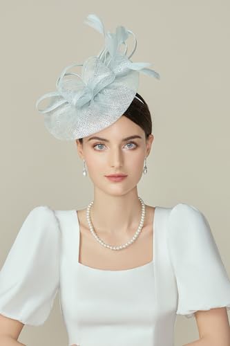 BABEYOND Fascinators Hats for Women Tea Party Glitter Pillbox Hat Derby Hat - color: Light Blue