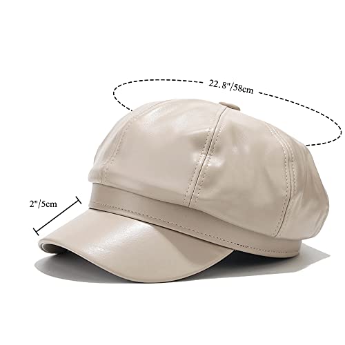 Womens PU Leather Newsboy Cap Paperboy Newsie Cap Bakerboy Beret Cabbie Hat - color: Beige
