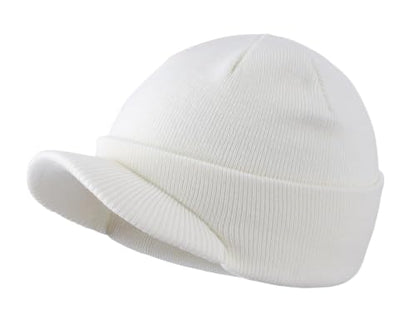 Home Prefer Men's Winter Beanie Hat with Brim Warm Double Knit Cuff Beanie Cap Watch Radar Hat - color: White