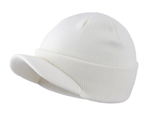 Home Prefer Men's Winter Beanie Hat with Brim Warm Double Knit Cuff Beanie Cap Watch Radar Hat - color: White