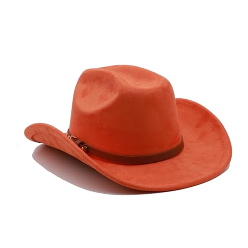 Western Cowboy Hat for Men Cowgirl Hat for Women Unisex Wide Brim Felt Fedora Hats Classic Flat Top Hats with Buckle Belt - color: B-orange