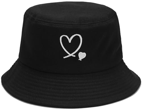 Bucket Hat Beach Sun Hat Fishing Hat for Women Men, Summer Outdoor Travel Packable Fisherman Hat - color: Love Heart Black