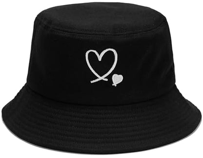 Bucket Hat Beach Sun Hat Fishing Hat for Women Men, Summer Outdoor Travel Packable Fisherman Hat - color: Love Heart Black