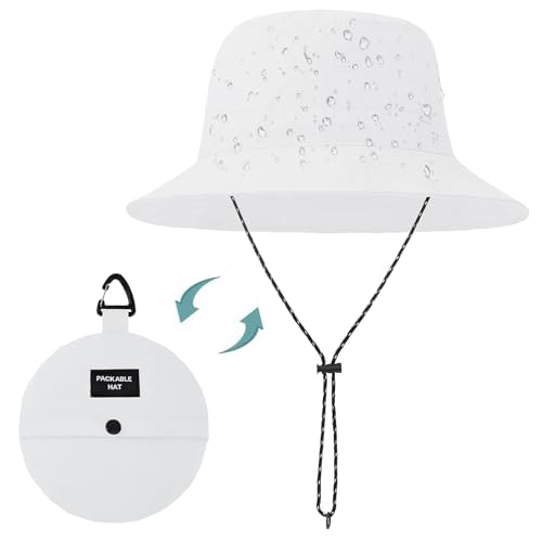 Kids UPF 50+ Waterproof Sun Hat, Packable Wide Brim Bucket Hat - color: White