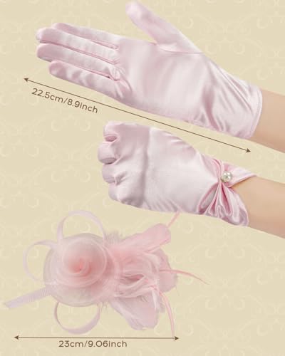 2Pcs 50s Fascinators Hats for Women Wedding Cocktail Flower Mesh Ribbons Feathers Church Tea Party Hats and Lace Glove - color: Pink