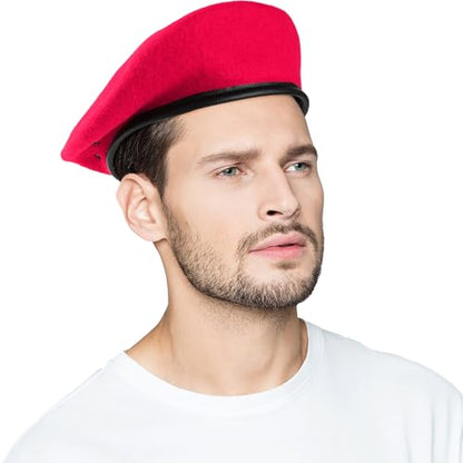 Wool Military Beret Hat Man Women,Adjustable Headband - color: Bright Red
