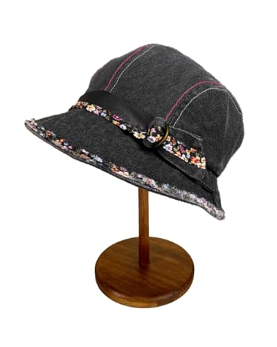 Women Denim Bucket Hat Brim with Floral Foldable Versatile Cap - color: Black