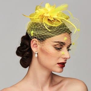 Tea Party Hat Fascinators Hats for Women Vintage Lace Mesh Floral Feather Hair Clip Headband with Veil for Church Wedding - color: Yellow